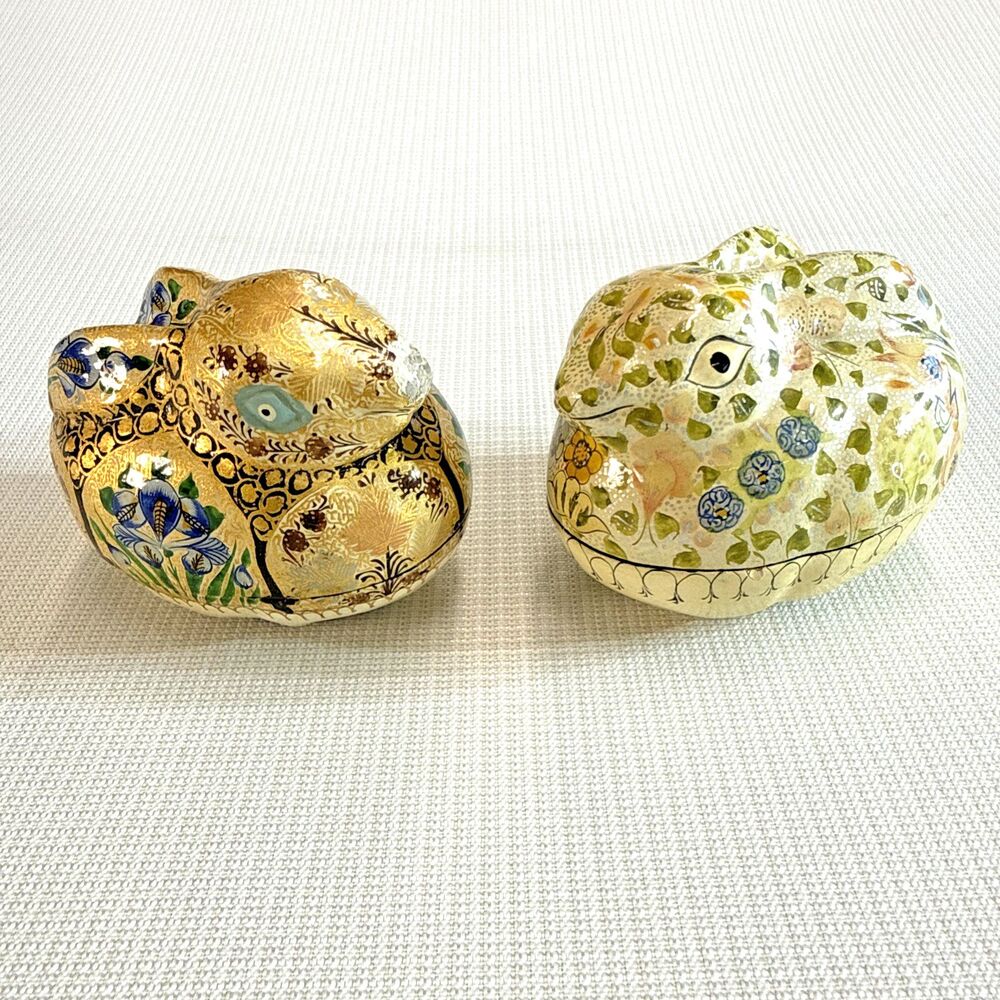 Set of 2 Vintage Handmade Kashmir India Paper Mache Floral Bunny Trinket Boxes
